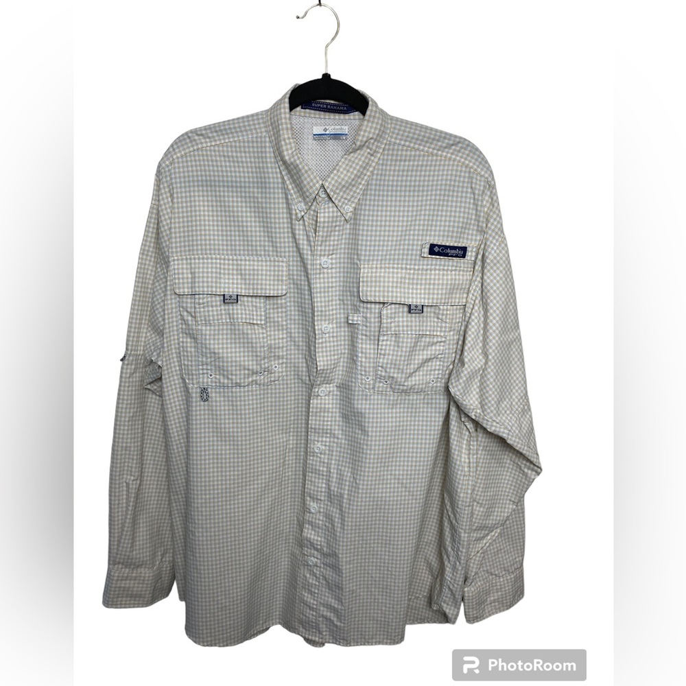 Columbia PFG Super Bahama yellow/gray plaid long sleeve fishing shirt. Large